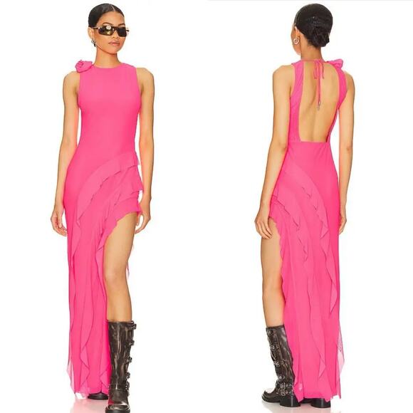 AFRM Dresses & Skirts - AFRM Airess Hot Pink Ruffle Backless Maxi Y2K Neon Maxi Large Long Vacation